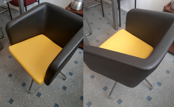 Fotel Hello! 4S, eko-skóra żółta i czarna, nogi chromowane, fotel obraca się 360 stopni